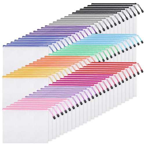 EOOUT 72pcs Mesh Zipper Pouch, A4 Size, 12 Colors Zipper