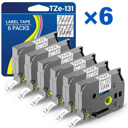 TZE-131 Compatible for Brother Clear Label Maker Tape 12mm 0.47 Laminated Replacement for TZ TZE TZE131 1/2 8m Tape for P-Touch PT-D220 PTD220 PT-D210 PT-H110 PT-D200 PT-D400 Black on Clear (6 Packs)