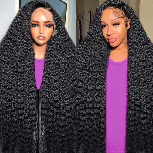 Image of LAINSS 13x6 Deep Wave Lace Front Wigs Human Hair Pre Plucked Deep Curly Wig Human Hair Pre Plucked with Natural Hairline Wet and Wavy Lace Frontal Wig Natural Color 210% Density 30Inch