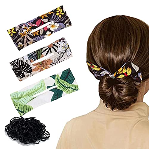 YCFFZT Bun Bow Deft for Hair 3Pcs French Twist Maker Retro Printed Headband Women Kids Multicolor Cloth Magic Clip Scrunchies Chignon Hairstyle Donut DIY Tool Gift 100 Rubber Band, 13.9 x 3.7 Inch