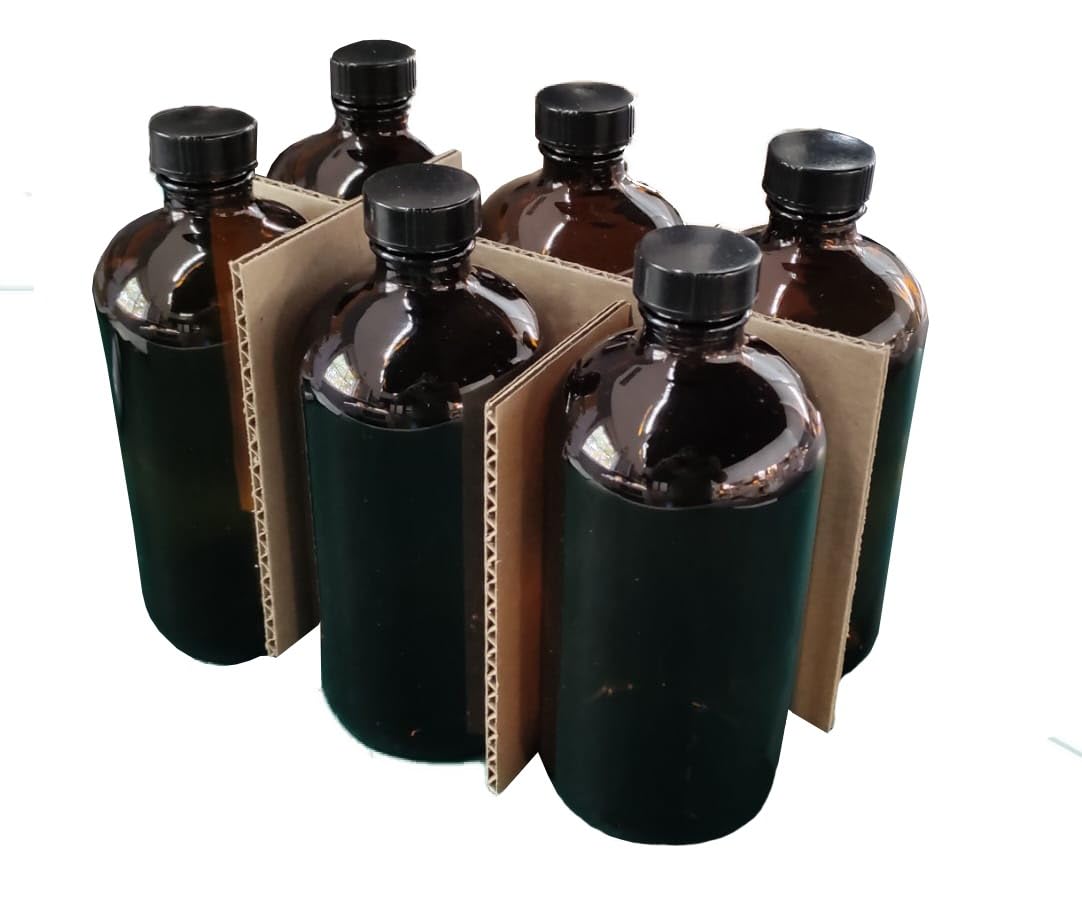 Bottiglia in Vetro Ambra 500 ml Confezione da 6 con Tappo a Vite | Bottiglie Ermetiche per Laboratorio, Liquidi, Oli Essenziali