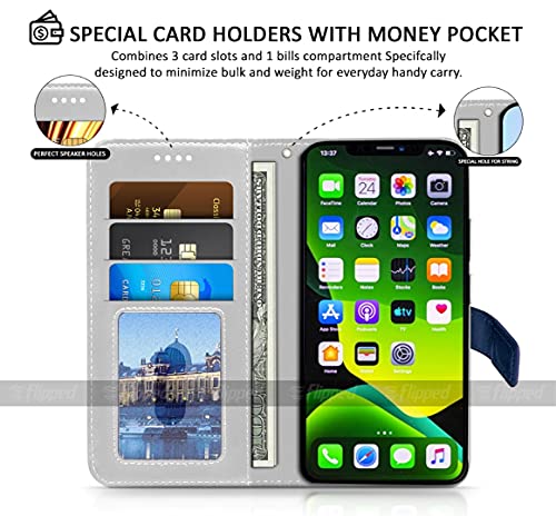 Image of FLIPPED Vegan Leather Flip Case Back Cover for iQOO 9 SE 5G (Flexible, Shock Proof | Hand Stitched Leather Finish | Card Pockets Wallet & Stand | Blue with Brown)