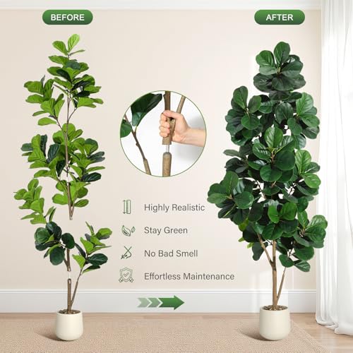 7FT Fiddle Leaf Fig Tree Artificial with 141 Leaves - Realistic Faux Ficus Lyrata Trees in 9" White Planter Pot, Indoor Fake Floor Plants for Home Office Living Room Decor, Housewarming Gift