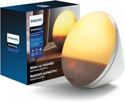 Philips Wake-up Light, farbige Sonnenaufgangssimulation, 20 Lichtstärken, 7 natürliche Klänge, Mitternachtslicht (Modell HF3531/01)