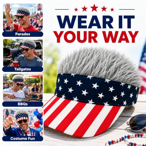 Image of Mens Visor with Hair Fake Hat with Hair for Men Funny Golf Hats Wig Hat Spiked Adjustable Baseball Cap