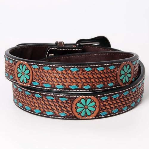 Brown Turquoise Buckstitch Flower Basket Hand Tooled Fashion Premium Leather Belt Unisex Western Removable Buckle2