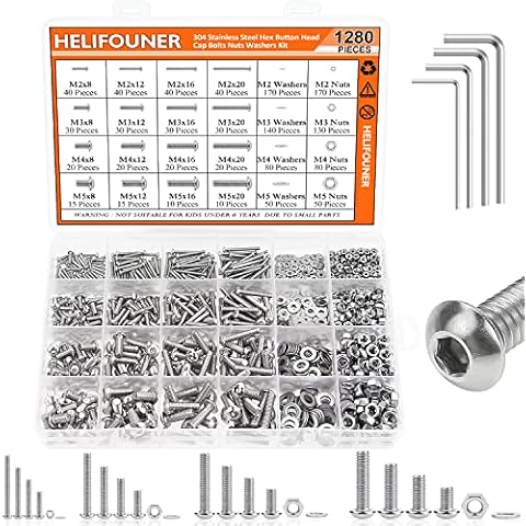 HELIFOUNER 1280 Pieces M2 M3 M4 M5 304 Stainless Steel Button Head Socket Cap Metric Screws Bolts Washers Nuts Hardware Assortment Kit with Hex Wrenches Cover