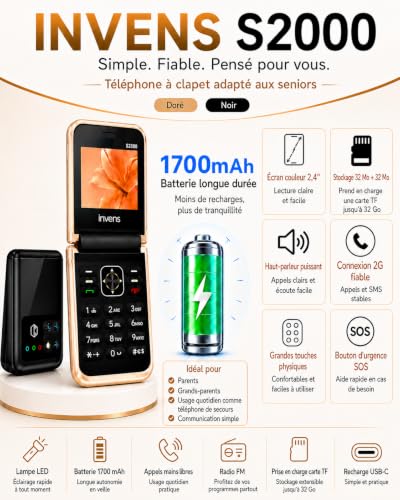invens S2000 Téléphone à Clapet Senior, Grandes Touches, SOS, Quad SIM Noir – vue 2
