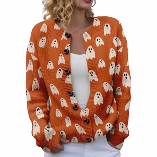 Halloween Cardigan for Women 2025 Funny Pumpkin Ghost Skeleton Print Open Front Button Down Cute Knit Sweater Outwear