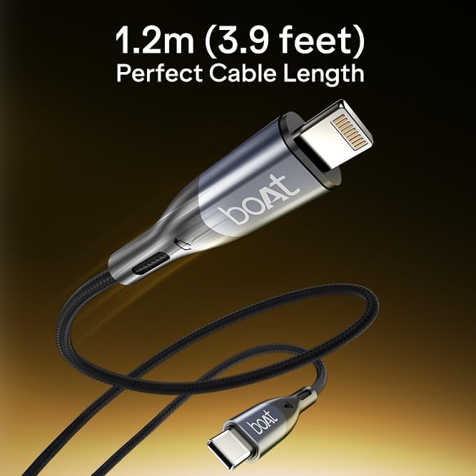 Image of boAt Type C to Lighting Cable for 27W Fast Charging | 480 Mbps Data Transfer | 1.2 m (3.9 ft) Perfect Cable Length | Premium Nylon Braiding | Durable & Tangle-Free | with Silicon Tie (Carbon Black)