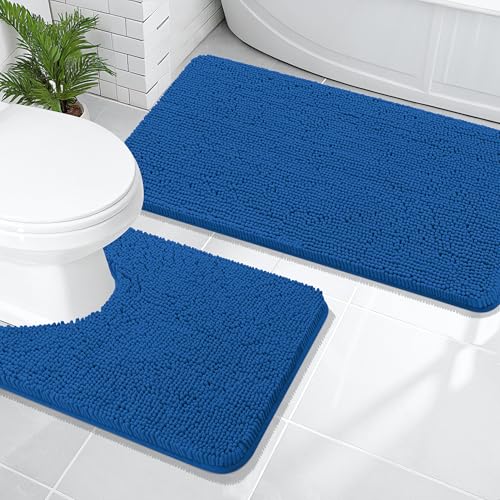 Image of OLANLY Bathroom Rugs Sets 2 Piece, Soft Absorbent Chenille Bath Mats and U-Shaped Contour Toilet Rug Set, Machine Washable Bath Carpet, Home Decor Accessories(47 inchx20 inch+24 inchx20 inch, Deep Navy Blue)