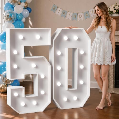 Image of Marquee Numbers 4 Feet Tall Big Light Up Numbers 50th Birthday Decorations Women Men White Anniversary Party Decor Large Cardboard Prop Backdrop Sign 50 | Cool White Light, Large 50th Anniversary Party Decor, Big Stable Sign, Assembly Required, Foam Board 42 Pcs Accessory Set