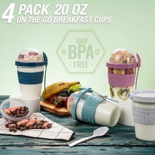 EYNEL 4 Pack On The Go Cereal Yogurt Cups with Lids and Spoon, Overnight Oats Container, Reusable Parfait Plastic Milk Pot Breakfast Crunch Granola Oatmeal Smoothie Snack Prep Jar - Image 6