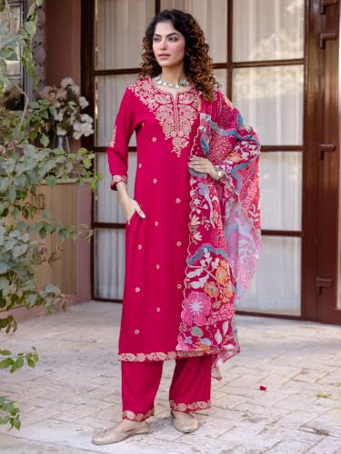 Image of INDO ERA Women's Rayon Viscose Rayon Embroidered Straight Kurta & Salwar with Dupatta Set