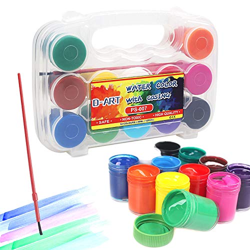 12 Color Watercolor Paint Set-Kids Art Paint Jar Set with Brush, Professional Art Paint Supplies Set with Portable Case, Vibrant Colors Rich Pigments Paint Washable for Kids Adults Beginner Artist