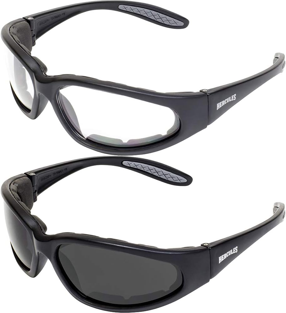 Global Vision Hercules Plus Motorcycle Sunglasses Protective Riding Glasses Black Frame Clear and Smoke Lenses Foam Padded Eyewear