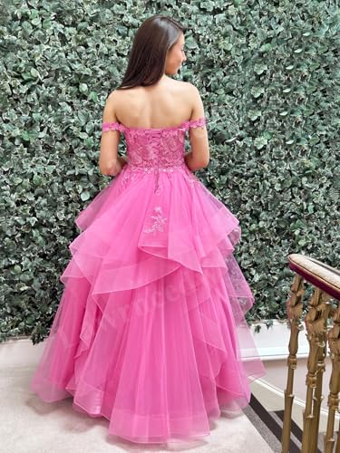 Off Shoulder Glitter Tulle Prom Dresses Ruffle Tiered Long Ball Gown Sweetheart Laces Appliques Princess Dress2