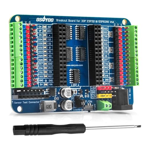 OSOYOO 30P ESP32 & ESP8266 Shiled Breakout Board Terminal Block Shield HAT with Pin Header, 5V 3.3V Power Outputs, GPIO Status LED