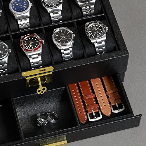 Rothwell 10-Slot Watch Box In Leather With Valet Drawer, Luxury Watch Case Display Organizer With Ultra Soft Microsuede Liner, Jewelry And Sunglass Holder With Large Glass Top (Black/Black) #TOP2