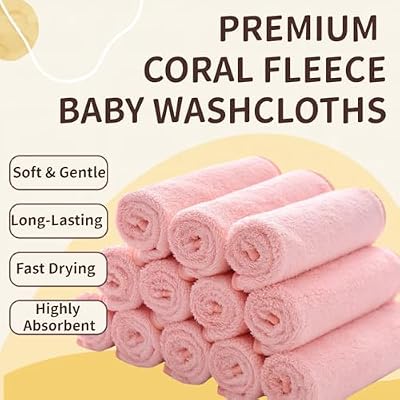 MUKIN Baby Washcloths Set - 12 Pack 12x12 Inches Microfiber Coral Fleece Face Towel for Newborns, Infant, Toddlers or Kids. Ultra Soft and Absorbent wash Cloth for Baby (Pink)