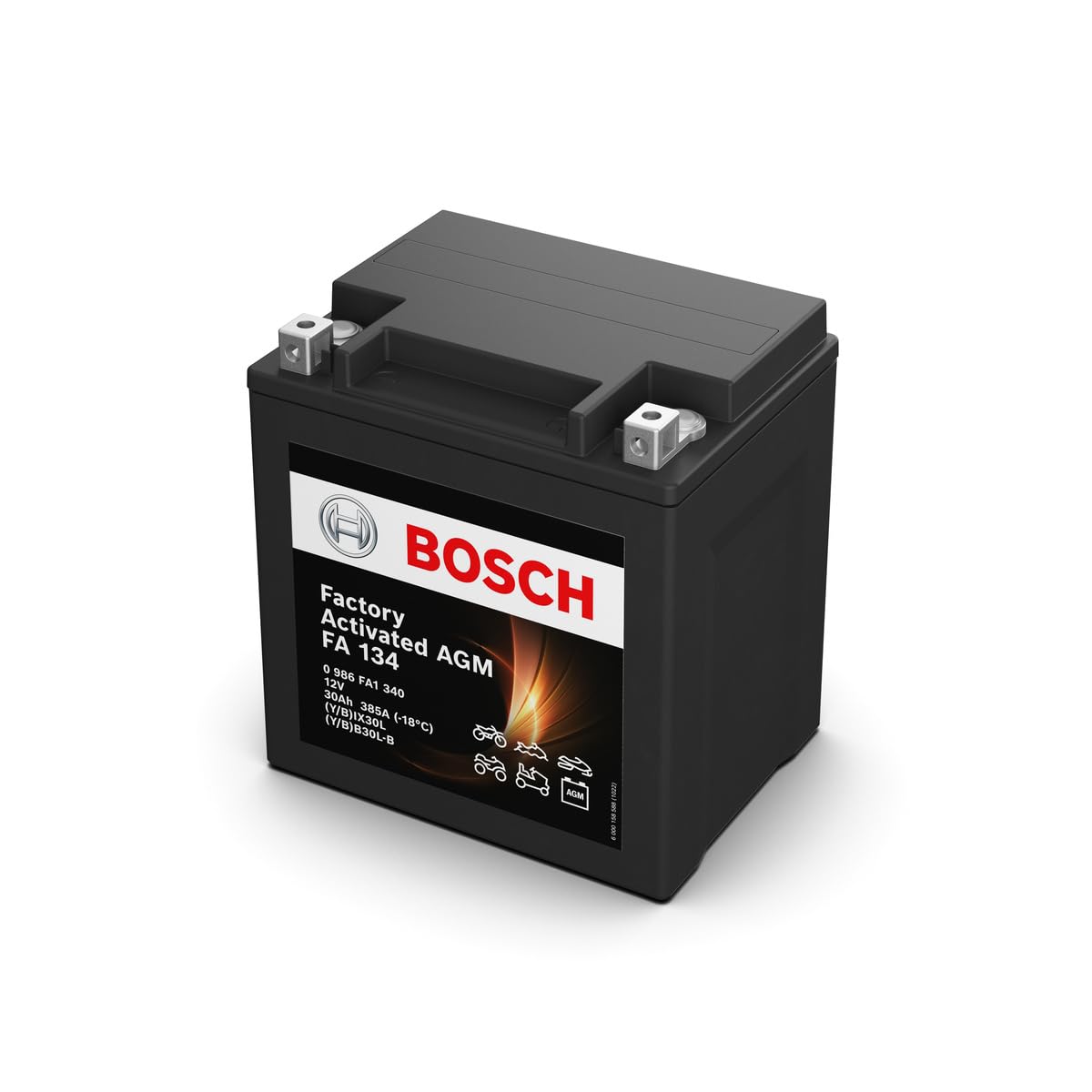 Bosch FA134 - Batería para Motocicletas AGM - 12V 385A 30Ah - Adecuada para motocicletas, motos de enduro, scooters, quads, motos de agua - Compatible M4F60, BIX30L, BB30L-B