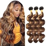 Highlight Body Wave Bundles Human Hair Brown And Honey Blonde Bundles 3 Bundles 24 26 28 Inch Three Tone Black And Dark Brown Mixed With Blonde Bundles Hair Extensions for Black Women