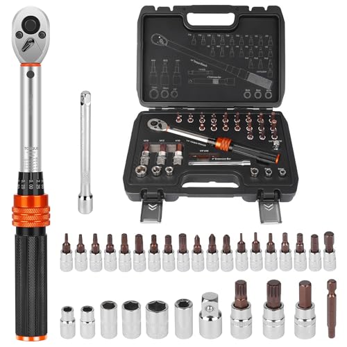 Rainllon Llave dinamometrica bicicleta 1/4' 5-25N Torque Wrench Chave Dinamométrica Moto 32 Piezas Con Extensión, Adaptador, Torx, Bits Para Reparación Y Mantenimiento De Bici