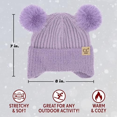 Funky Junque Kids Beanie with Earflaps Faux Fur Double Pom Pom, Warm Winter Beanies for Girls, Toddlers, Children Ages 1-62
