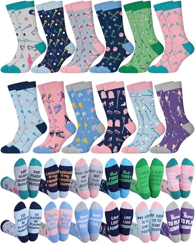 Croloose 12 Pairs Funny Lacrosse Socks for Women Teens Girls Boys Novelty Cotton Athletic Crew Socks Sports Senior Night Gifts Accessories for Lacrosse Lover Team Player Coach