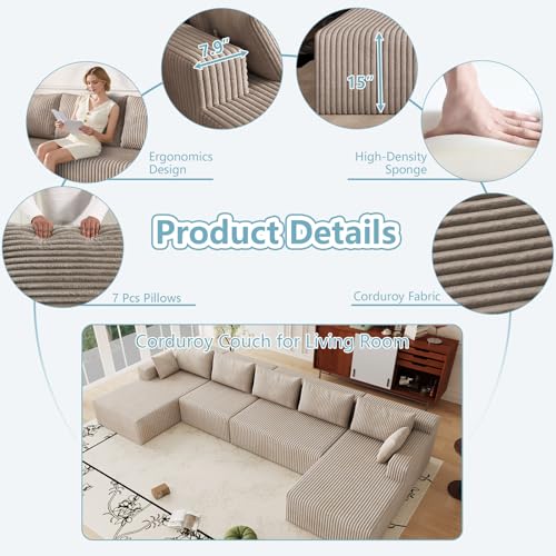 Image of 160 inch Cloud Sectional Couch,Modern U-Shaped Cloud Couch with Deep Seat,Comfy Corduroy Sofa,Memory Foam Sofa for Living Room,No Assembly (Camel)