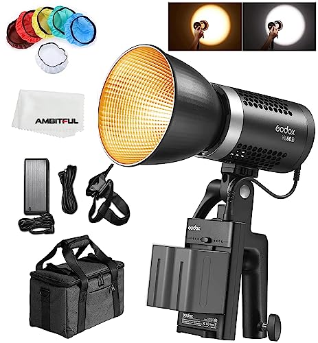 Godox ML60Bi 60W Lampe vidéo LED avec poignée (support Godox), CRI 96+/TLCI 97+, double température de couleur avec 2 piles au lithium NP970.