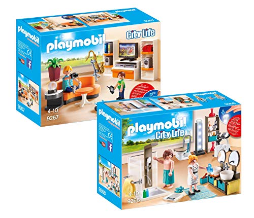 Preisvergleich Produktbild Playmobil® Modernes Wohnhaus Möbelset: 9267 Wohnzimmer + 9268 Badezimmer