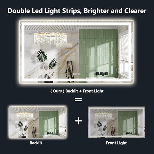 Image of 66x48 Inch LED Bathroom Mirror with Lights Front and Backlit Lighted Vanity Mirror for Bathroom Wall with 3 Colors Dimmable Anti-Fog Memory Shatter-Proof