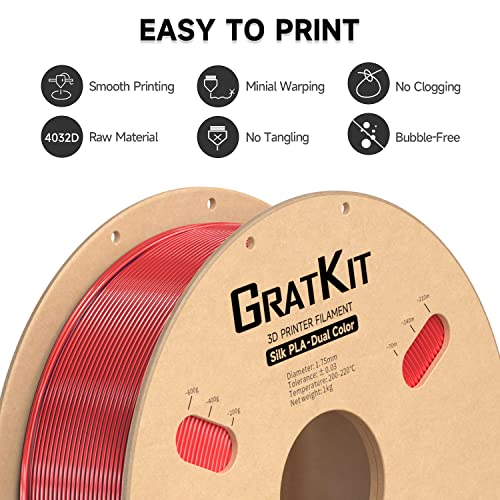 Image of Gratkit Silk Dual Color PLA Filament, Coextrusion PLA Filament 1.75mm, + /-0.03mm, 2 * 1KG /Roll, Silk PLA Black & Red 2KG