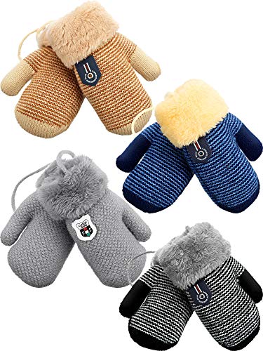 4 Pair Fleece Lined Mitten for Baby Kid Toddler Gloves Knit Thick Thermal Gloves (Light Gray, Striped Beige, Striped Black, Striped Dark Blue)