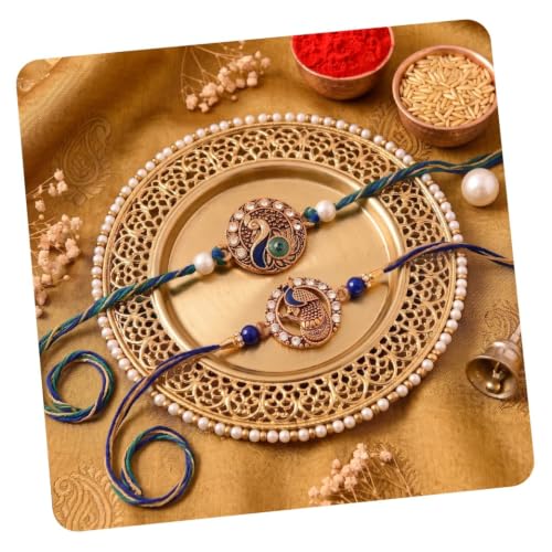 Image of CraftVatika Kundan Rakhi Set for Brother Set of 2, Designer Peacock Rakhi for Brother Boy Men, Premium Kalash Raki for Bhaiya, Traditional Rakshabandhan Rakhis with Best Wishes Card and Tillak Set