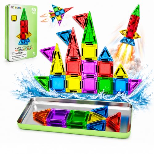 Image of Mini Magnetic Tiles 50PCS Travel Magnetic Building Blocks for Kids Ages 3+ | mini magnetic tiles, travel friendly, metal storage box, strong sealed magnets, non toxic abs, stem toy, gift for kids 3+