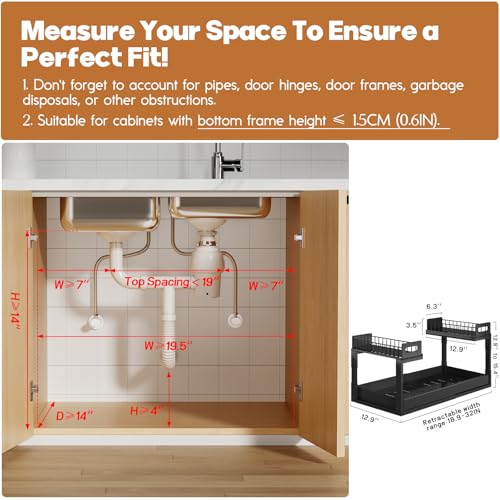 Image of 1 Pack-19 inch-32 inchW Expandable Under Sink Organizer With Upgrade Ball-Bearing Slide,2-Tier Pull Out Under Cabinet Organizer Height Adjustable,Not Suitable For Cabinets With Partitions In The Middle