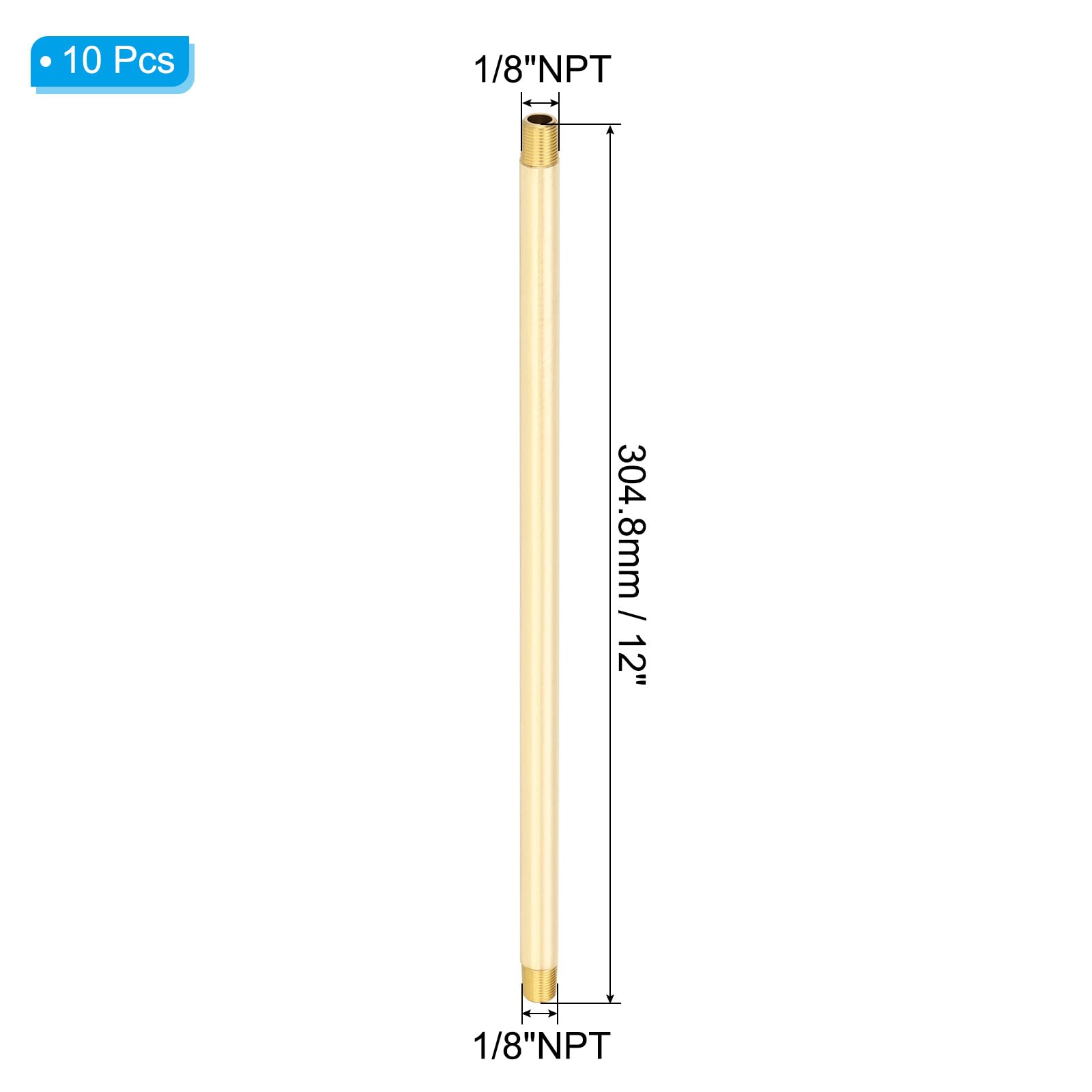 PATIKIL Raccordo Maschio In Ottone 1/8" x 1/8" NPT Con NipTerminale Lungo, 10Pz Tubo Rettilineo Lungo 12" Per Collegamento Carburante, Aria, Acqua, Olio, Gas, 1200PSI