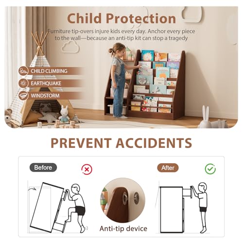 Image of Solid Wood Kids Bookshelf and Storage Organizer, 7 Layer Children Bookcase, Baby Toddler Wooden Book Shelf, Display Cabinet for Playroom, Bedroom, Classroom, Nursery, School, Walnut