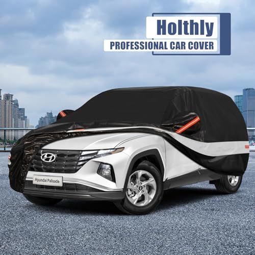 Image of Holhtly Car Cover Custom Fit for Hyundai Palisade, Car Covers for Automobiles All Weather Waterproof Sun Snow Rain Wind Dust Protection, Outdoor Car Cover Black & Grey