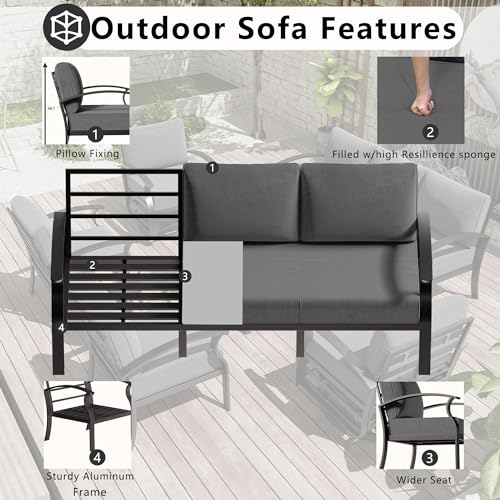 Image of Patio Furniture Set 10 Seats Aluminum Armrest Sofa, Modern Outdoor Living Room Set with 55000 BTU Propane Aluminum Fireplace, Outdoor Rotary Joystick with Thick Cushion - Grey