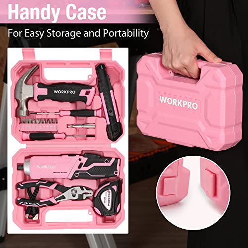 Image of WORKPRO Pink Tool Set, 3.7V Electric Screwdriver Kit with Toolbox