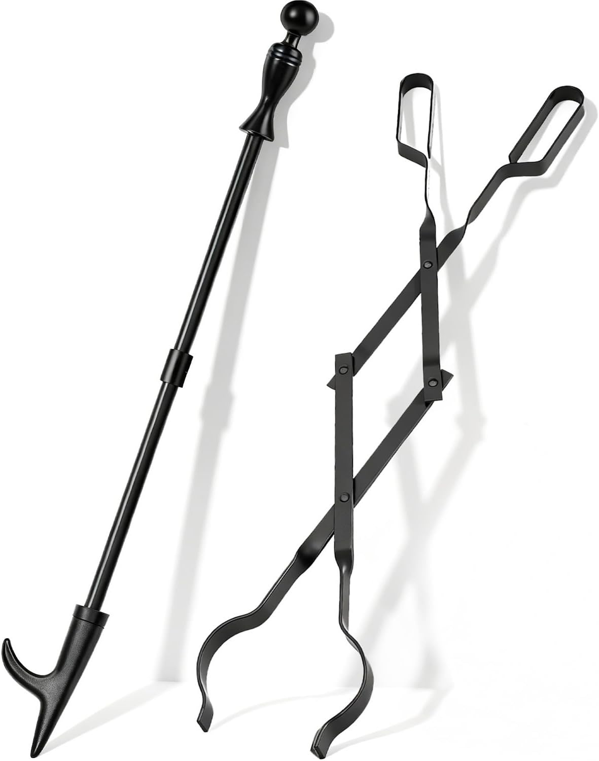 AMAGABELI 32" Fire Pit Poker & 26" Folding Fireplace Tongs Set - Heavy Duty Rustproof Log Grabber for Campfire Bonfire Wood Stove