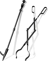 AMAGABELI 32" Fire Pit Poker & 26" Folding Fireplace Tongs Set - Heavy Duty Rustproof Log Grabber for Campfire Bonfire Wood Stove