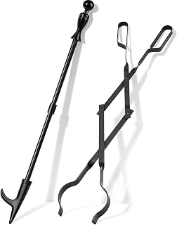 AMAGABELI 32" Fire Pit Poker & 26" Folding Fireplace Tongs Set - Heavy Duty Rustproof Log Grabber for Campfire Bonfire Wood Stove