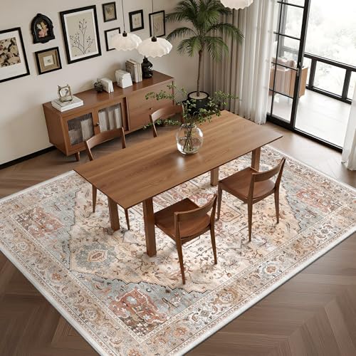 Rugland 8x10 Area Rugs - Stain Resistant Washable Rug, Anti Slip Rugs for Living Room, Vintage Tribal Area Rugs(Medallion 01-Orange/Grey, 8'x10')