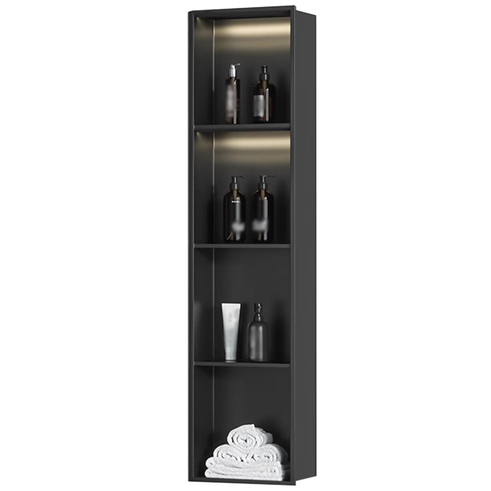 Ducha de acero inoxidable negro mate con luz LED | Estante de almacenamiento montado en la pared | No requiere azulejos | Baño moderno para espacio nized