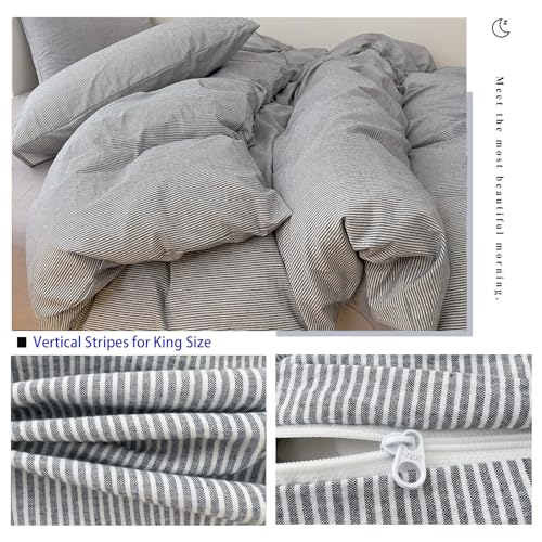 Image of VM VOUGEMARKET Washed Cotton Grey Striped Duvet Cover Set King,Pinstripes Duvet Cover with 2 Pillowcases Modern Simple Farmhouse Style Bedding Set-Vertical Stripes