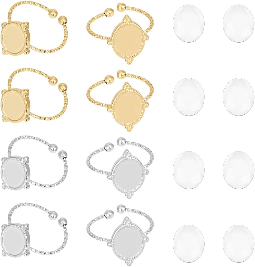 UNICRAFTALE 2 Colors 16Pcs DIY Blank Dome & Oval Cabochon Ring Blanks Stainless Steel Open Cuff Ring Settings Frame Tray Bezel Glass Cabochons for Jewelry Making
